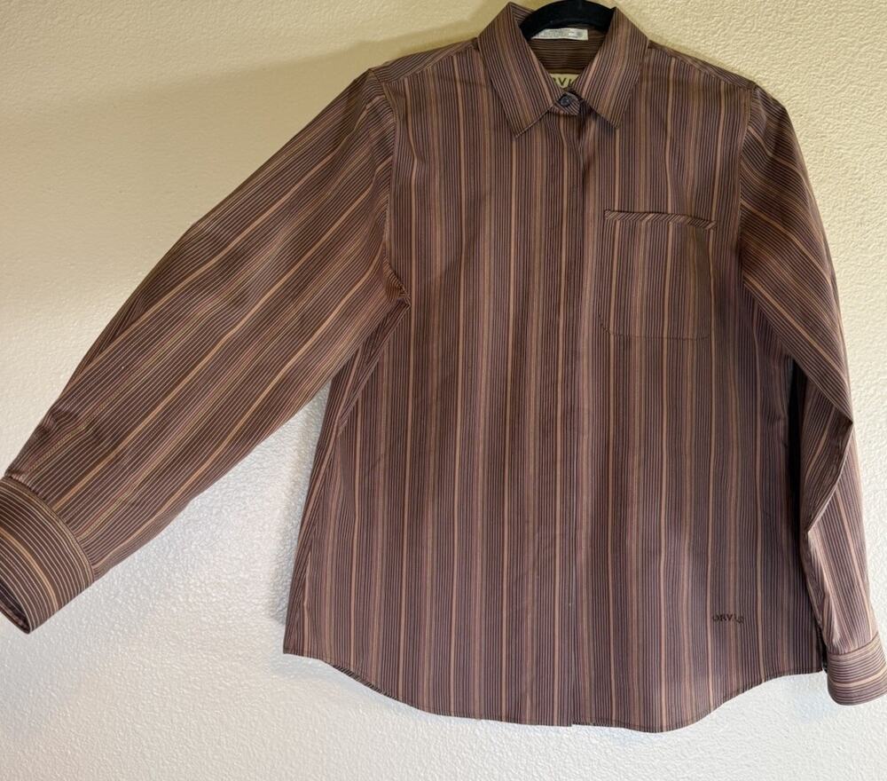 Orvis Womens 10 Brown Striped Wrinkle Free Button Down Shirt Classic